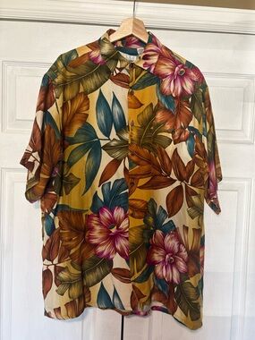 Burma Bibas Vintage 100% Rayon Hawaiian Shirt L Tropical Floral Camp